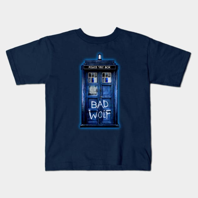 Blue Phone booth with Bad wolf grafitti Kids T-Shirt by Dezigner007